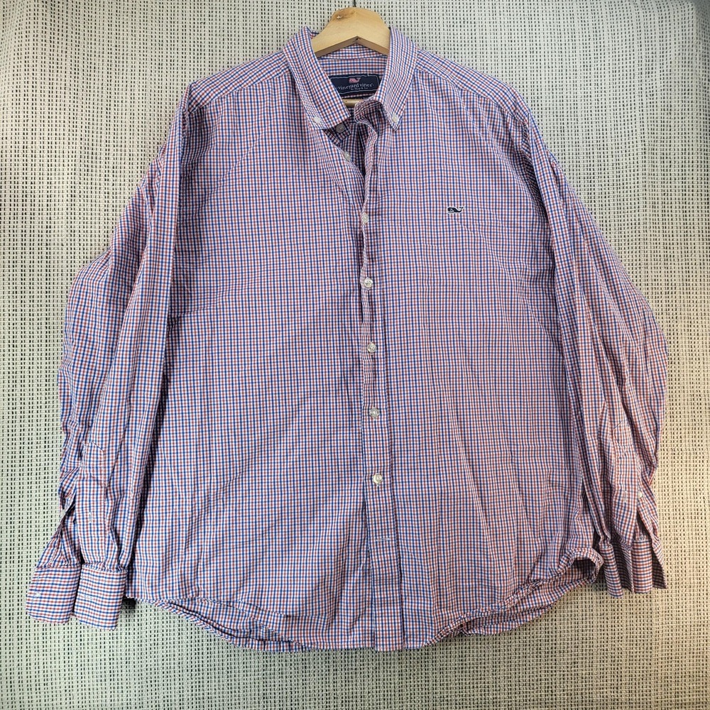 Vineyard Vines Shirt Mens XL Red Blue Slim Fit Whale Button Front Long Sleeve